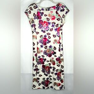 Beige By ECI Sheath Dress Floral Metallic Print Cream and Purple Fairy Sz 4‎